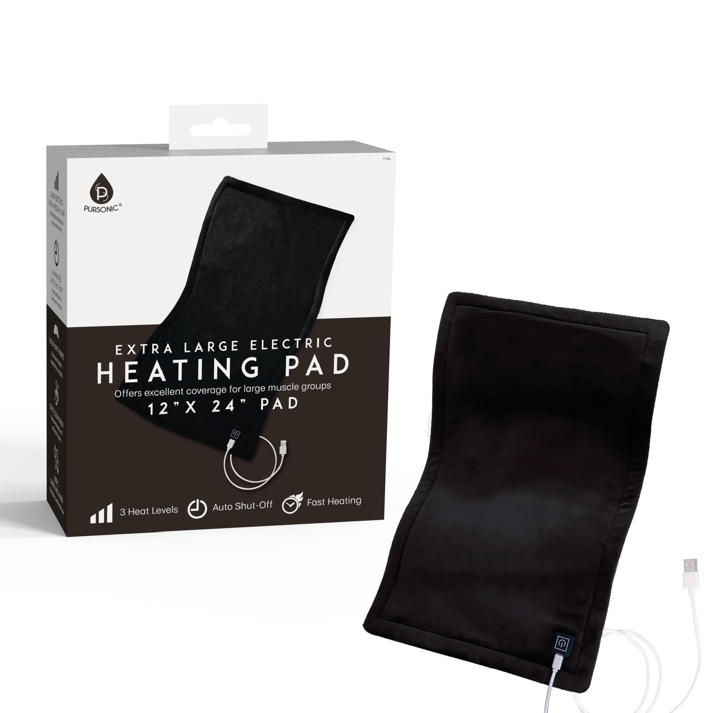 Pursonic Large Electric Heating Pad with USB-C – 12"x24", Ultra Soft Fabric, 3 Heat Settings, Auto Shut-Off